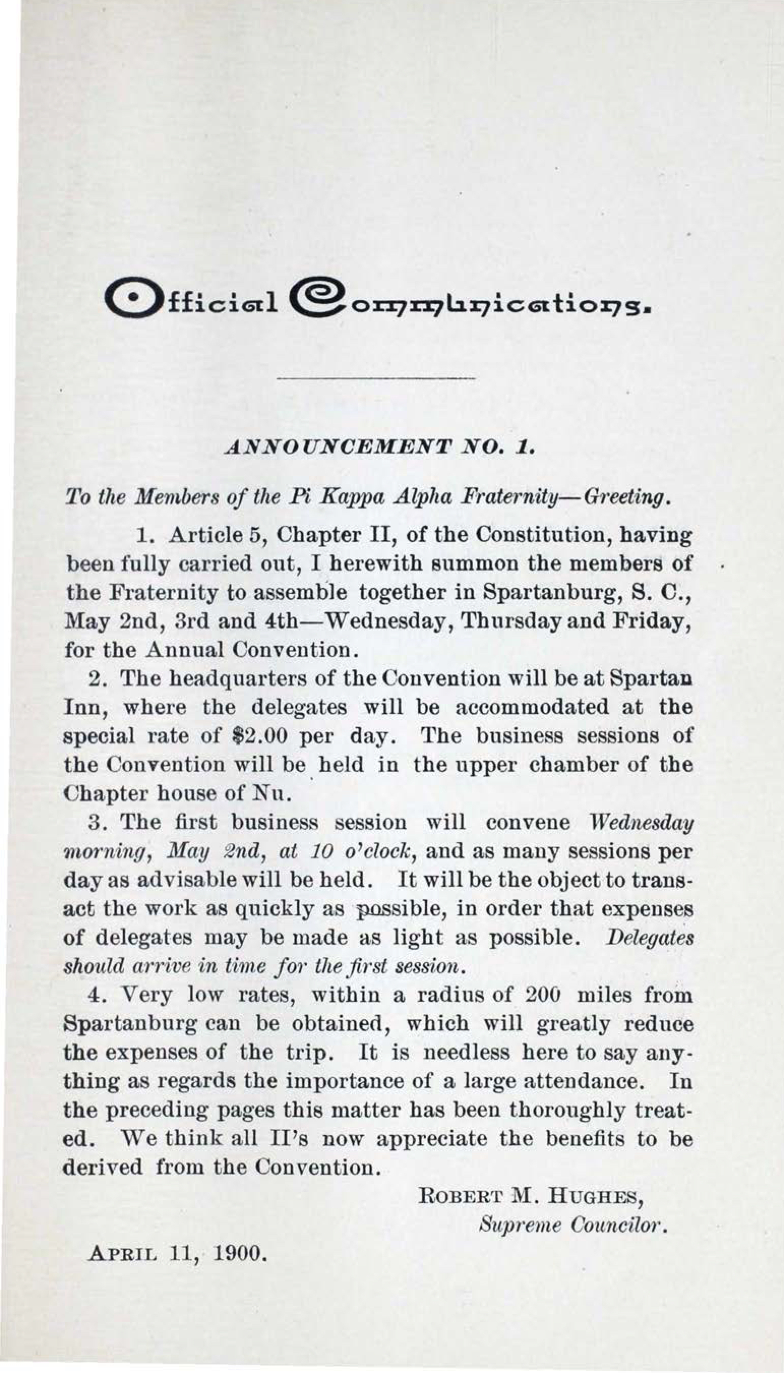 Announcement No.1, April 1900